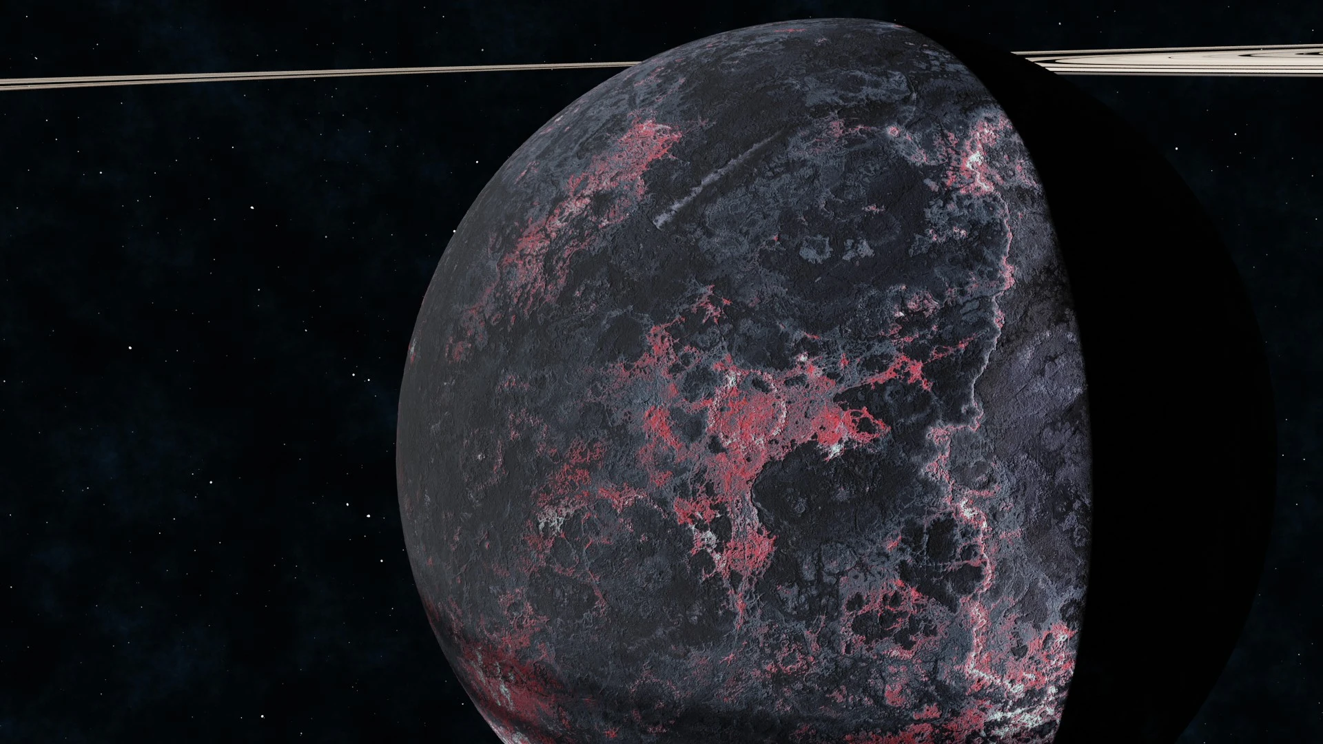 Cyclo-V51 moon with planetary rings in the midground
