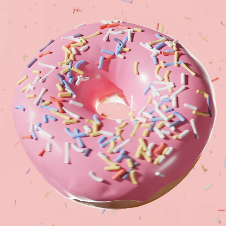 Screenshot of a 3D donut with a pink frosting and sprinkles on a blue checkered table