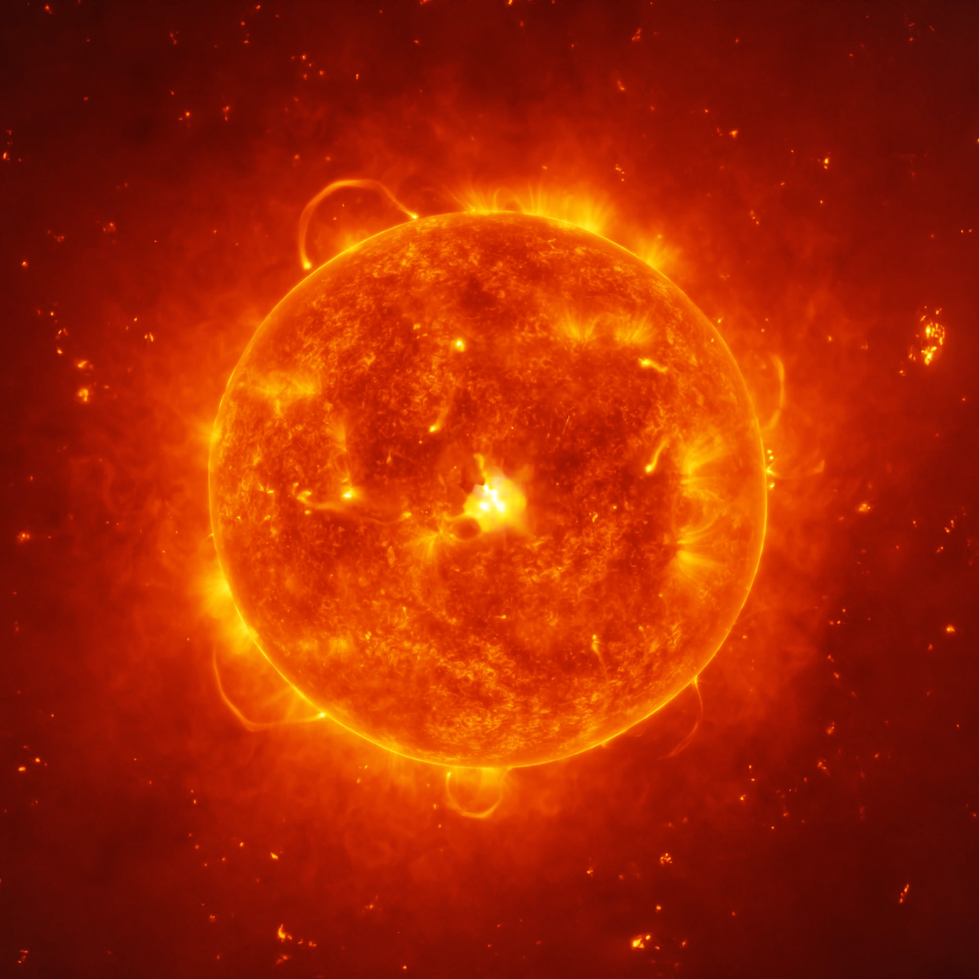 Sun at the center of the screen covered with solar flares and surrounded by dotted sparks of light and an illuminated atmosphere