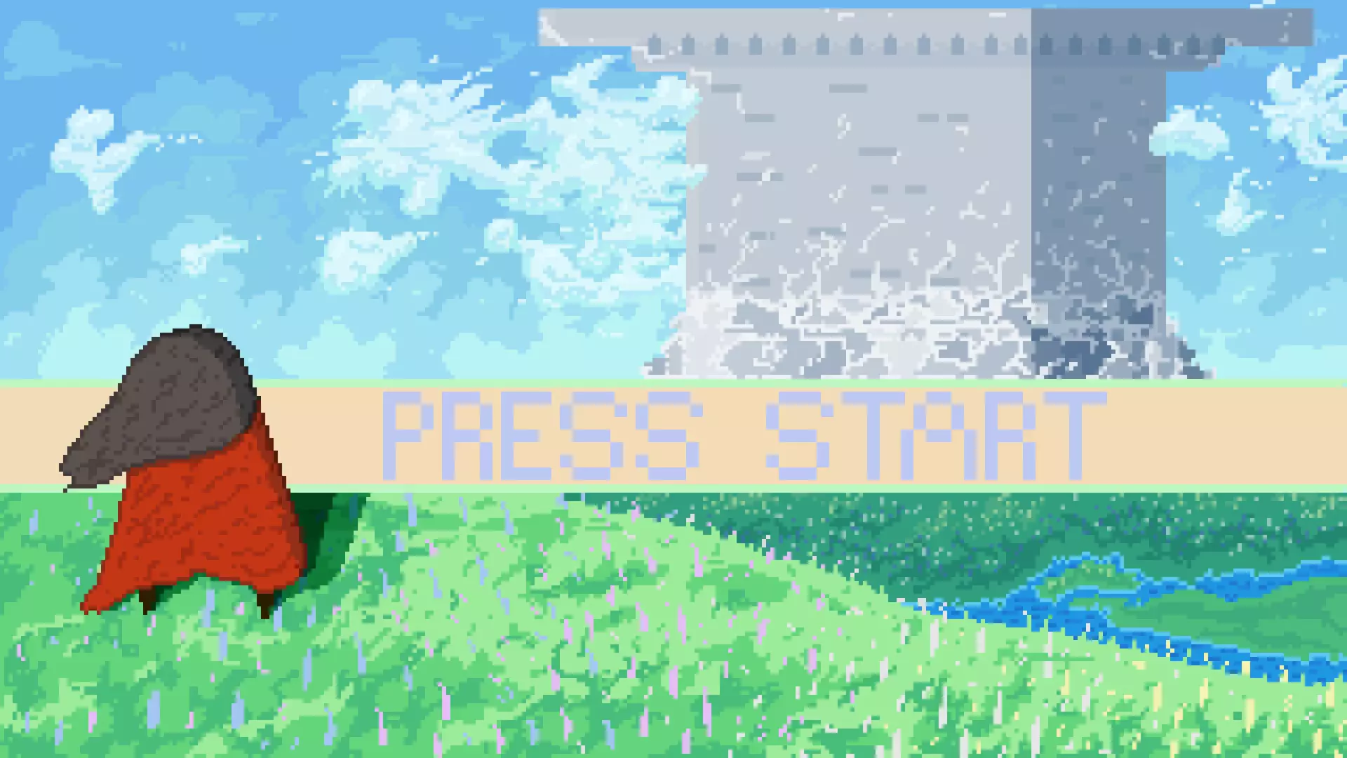 Pixel art character with a dark gray hood and a red cloak standing on two small legs. The background is a scenic grassy view with a yogurt shaped castle in the distant.